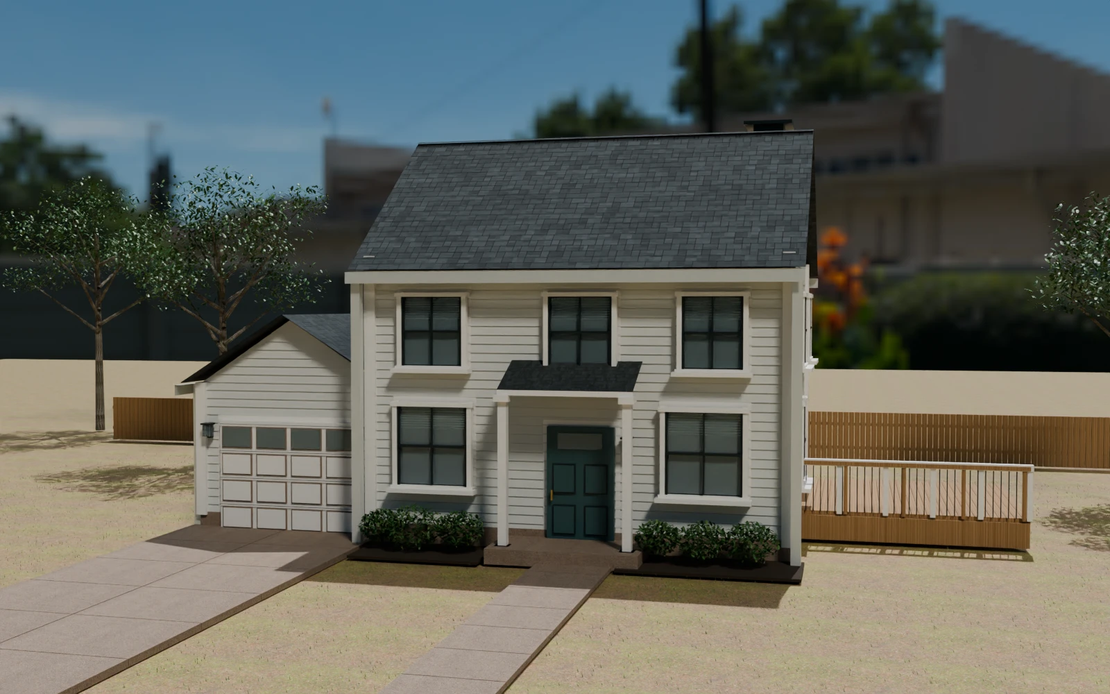 Bright-Side house with detailed shingles, white siding, windows and a driveway